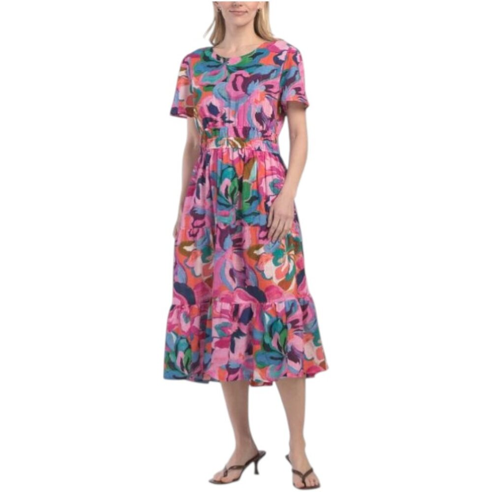 JOHNNY WAS Linen Blend Smocked Tiered Dress